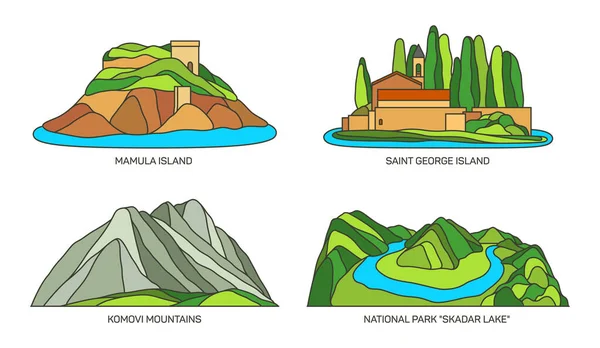 Conjunto de lugares de interés turístico o paisajes de Montenegro — Archivo Imágenes Vectoriales