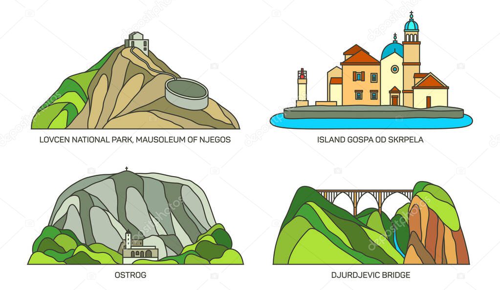 Set of Montenegro travel landmark or landscape