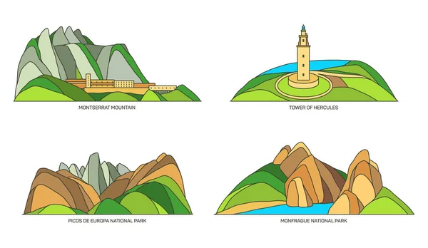 Conjunto de lugares de interés turístico o paisajes de España — Vector de stock