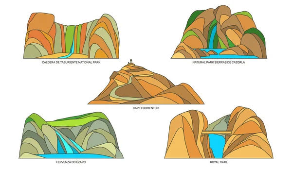 Conjunto de lugares de interés turístico o paisaje de España — Vector de stock