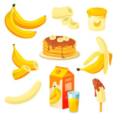 Muz, meyve ürünleri, tatlı suyu, pasta.