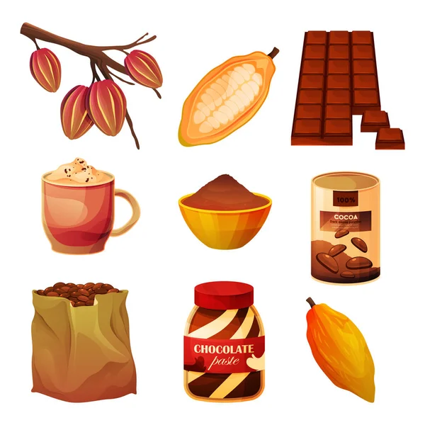 Productos alimenticios de cacao, chocolate y cacao en polvo — Vector de stock