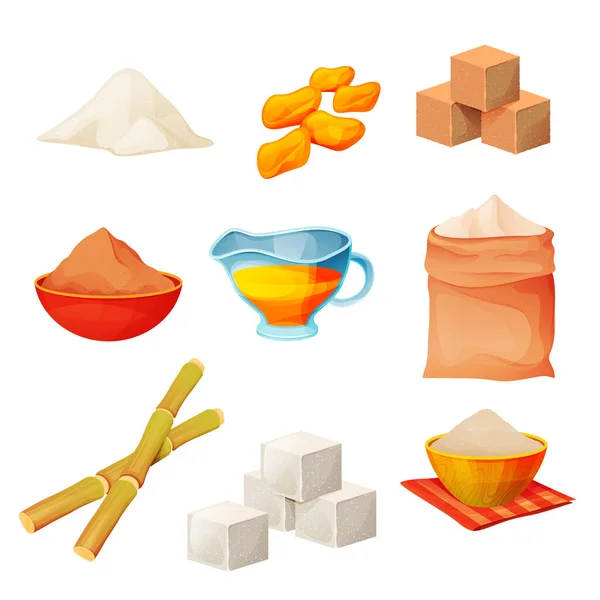 Produits du sucre aliments, cubes de sucre de canne et poudre — Image vectorielle