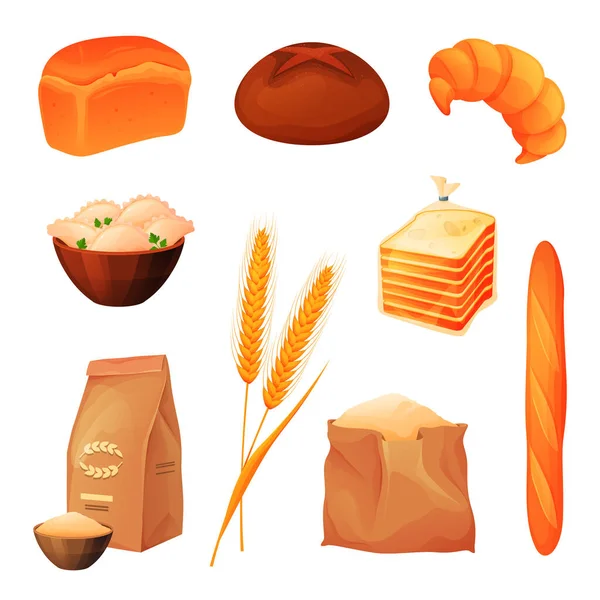 Prodotti a base di grano, pane e prodotti da forno cereali alimentari — Vettoriale Stock
