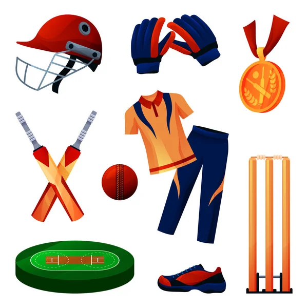 Cricket-Ausrüstung und Sportbekleidung Set, Spieler-Tool — Stockvektor