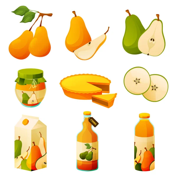 Productos alimenticios de frutas de pera y bebidas jugosas — Vector de stock