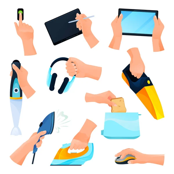 Aparelhos ou dispositivos eléctricos, mãos conjunto ícones — Vetor de Stock