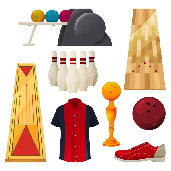 Bowling ikoner set, vektor spelverktyg, utrustning — Stock vektor
