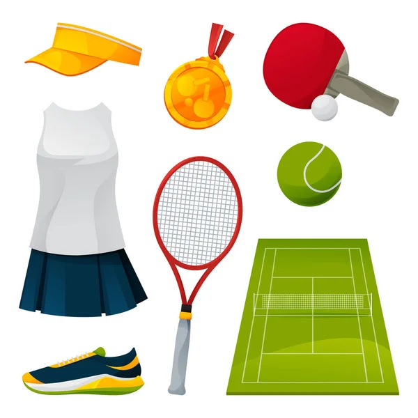 Ensemble d'équipements de tennis et de ping-pong, outils de jeu — Image vectorielle