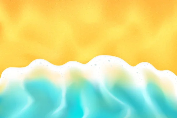 Realistic background or backdrop with ocean wave and sandy beach. Vector sea coastline or seaboard, 3d design of foamy turquoise wave on the sea shore. Summer scenery or seascape top view.