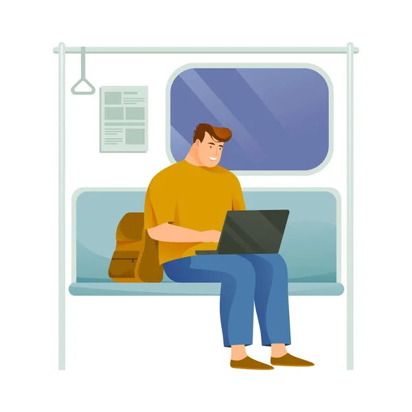 乘坐地铁或火车的人或自由职业者 在地铁里忙碌的人 独立工作者 卡通角色的工作远程或外包 自由和工作空间主题 — 图库照片