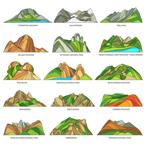 世界自然景观或地标的线性图标 矢量景观 岩石和山谷设置 Oytsovskiy Pieniny National Parks Chirisan William Mountains — 图库照片