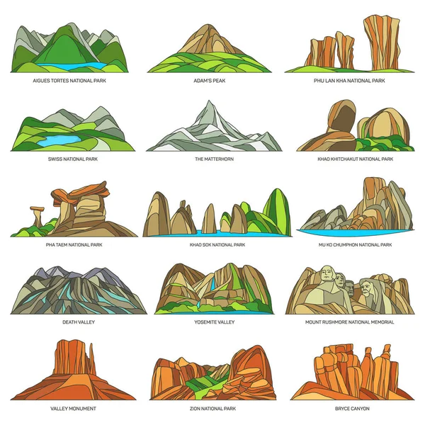 Vector Natural Landscapes Landmarks Set Linear Icons Tourist Sightseeing Death — Stock Fotó