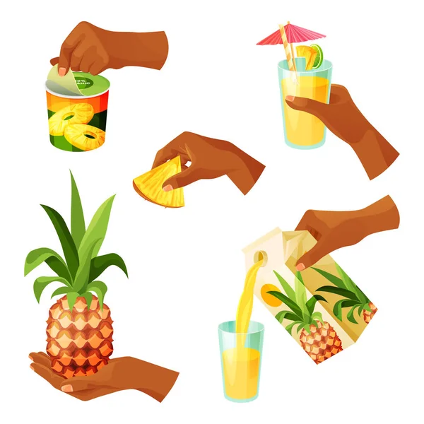 Fruta y jugo de piña, conjunto de iconos de mano — Vector de stock