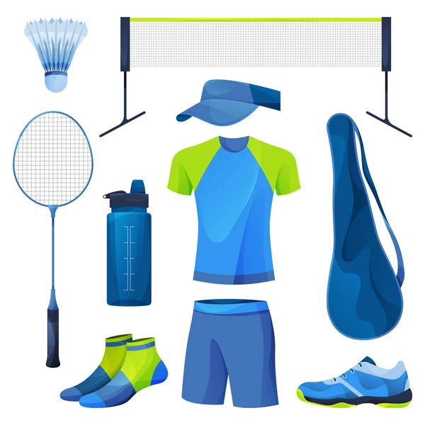 Badminton-Ausrüstung, Sportgeräte-Set, Vektor-Symbole — Stockvektor