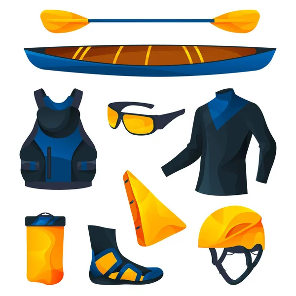 Equipamento de canoagem ou caiaque, conjunto de ferramentas desportivas. — Vetor de Stock