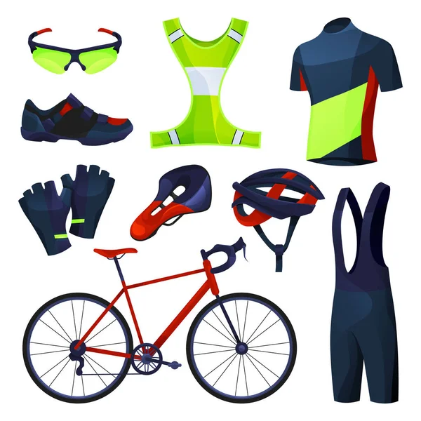 Equipamento de ciclismo, conjunto de ferramentas esportivas, ícones vetoriais — Vetor de Stock