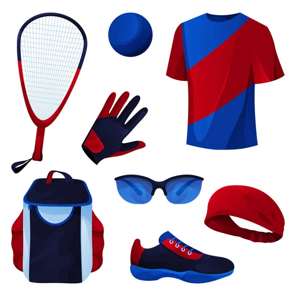 Racquetball juego, conjunto de herramientas deportivas, iconos de vectores — Vector de stock