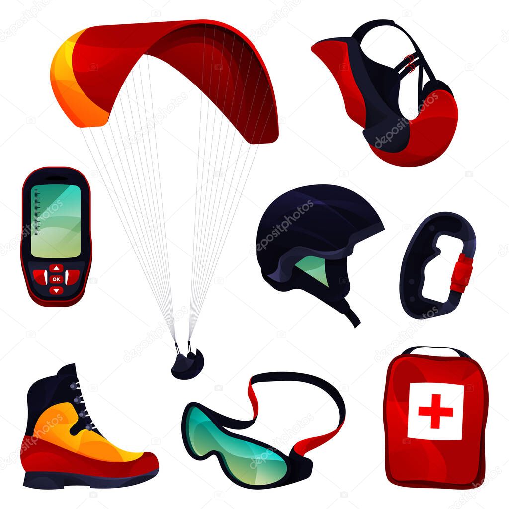 Paraglide equipment, sport tools set, vector icons