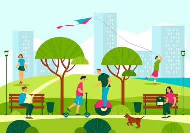 Park manzarası ya da şehir manzarası. İnsanlar doğada dinleniyor, scooter 'a biniyor, ip atlıyor, uçurtmayla oynuyor, bankta dinleniyor. Açık hava aktivitesi, yaz tatili afişi..