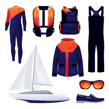 Yelken ekipmanları, spor aletleri. Yelkenli, dalış kıyafeti, pantolon, rüzgarlık, ayakkabı, gözlük, sırt çantası ve can yeleği. Yaz sporu ya da eğlence aktivitesi.