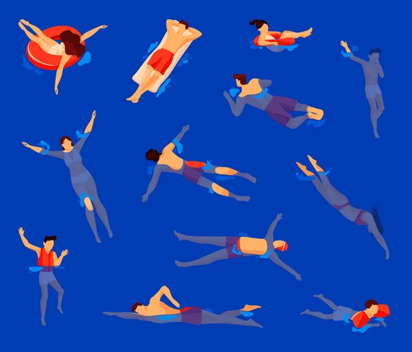 游泳运动或水上游泳 卡通游泳者集训 在海里 河里或游泳池里放松的人或人物 漂浮在床垫上或戒指上 休闲活动 夏季娱乐活动 — 图库照片