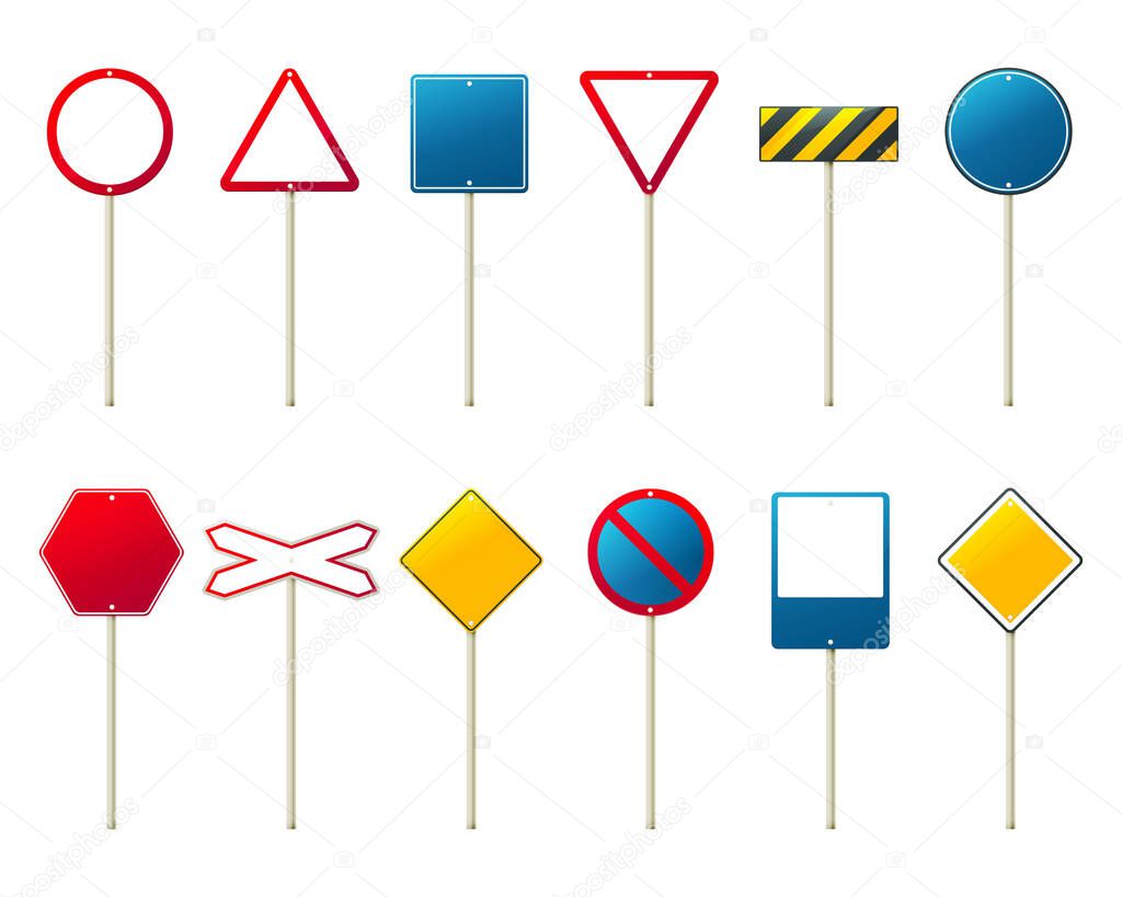 Set of street or road sign. Blank frames or borders for priority message, warning notice or caution sign, forbiddance or permission. Empty realistic template or mockup, road board.