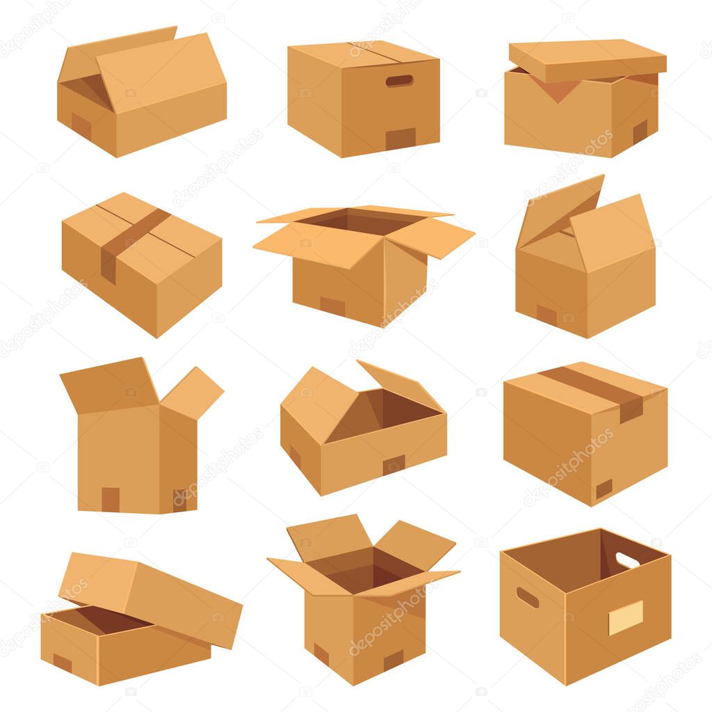 Set of isometric realistic boxes, flat icons.