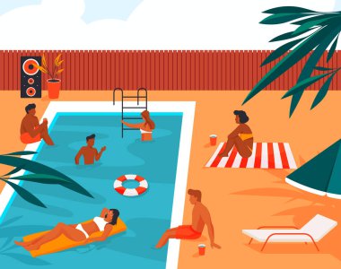 İnsanlar yüzme havuzunda eğleniyor ve eğleniyor.