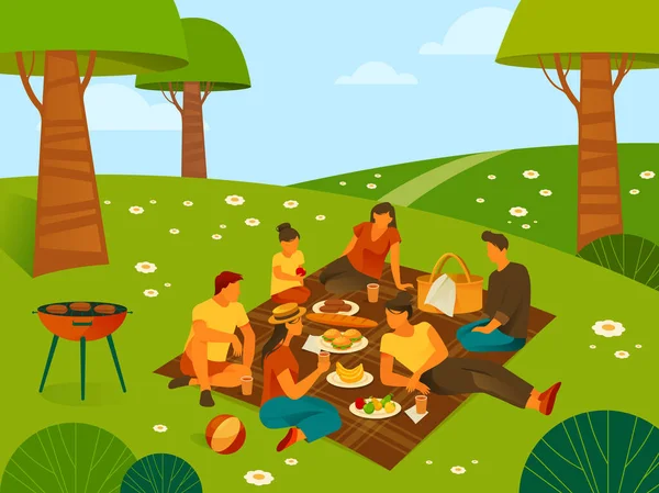 森林或公园中的野餐或娱乐活动. — 图库矢量图片