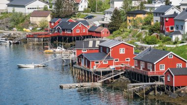 Reine, Norveç - 2 Haziran 2016: Norveç'in ünlü balıkçı köyü Reine'den manzara