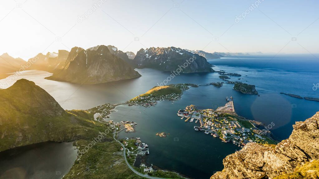 Reinebringen, view on stunning mountains of Lofoten islands overlooking Reine, a famous fishing village in northern Norway, Scandinavia