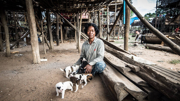 Tonle Sap Lake, Cambodia - December 2015: Woman with dog puppies at floating village of Komprongpok at Tonle Sap lake in Cambodia