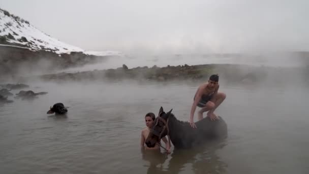 Guroymak Bitlis Türkei Februar 2020 Tiere Und Türkische Jungen Thermalwasser — Stockvideo