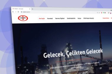 İstanbul, Türkiye - Temmuz 2021: Türk Erdemir Eregli Demir Çelik 'in internet sitesinin illüstrasyon görüntüsü. Erdemir Eregli Demir Çelik logosu bulanık odak içeriği bilerek yapılır