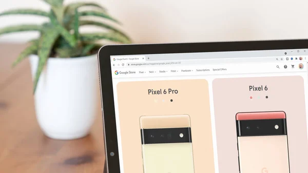 İstanbul, Türkiye - Ağustos 2021: Google Pixel 6 akıllı telefon web sitesinin resimli editör ekran görüntüsü. Google Pikseli dijital bir ekranda görünür.