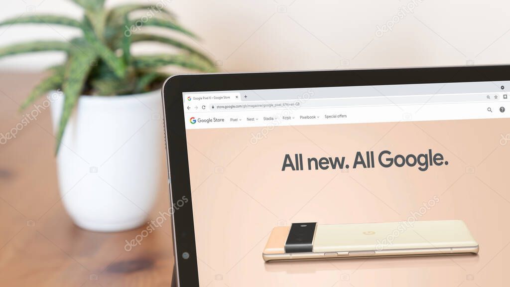 Istanbul, Turkey - August 2021: Illustrative Editorial screenshot of Google Pixel 6 smartphone website homepage. Google Pixel is visible on a digital screen close-up