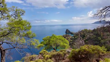 Türkiye 'nin Antalya kenti yakınlarındaki Antalya yürüyüş yolu üzerindeki çam ağacının çerçevelediği turkuaz Akdeniz koyunun manzarası