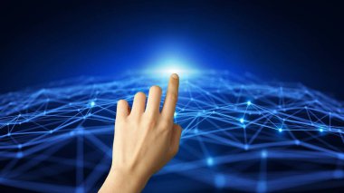 Dijital düğmeye elle dokunmak, küresel bağlantı teknolojisi kavramı
