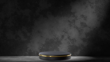 Ürün için kopyalama alanı olan siyah arka planda boş siyah podyum. 3d oluşturma.