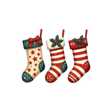 Suluboya Noel seti. kırmızı, beyaz ve mavi Noel çorapları.