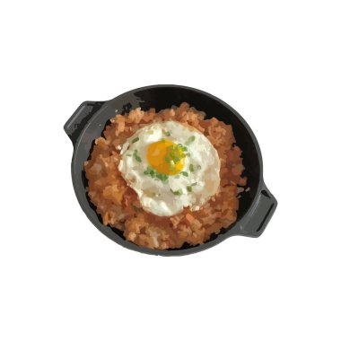 Beyaz arka planda izole edilmiş tavada kızarmış yumurtalı pilav. Üst Manzara. düz yat