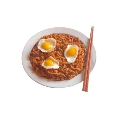 Beyaz arka planda izole edilmiş domuz etli ve yumurtalı hazır erişte.