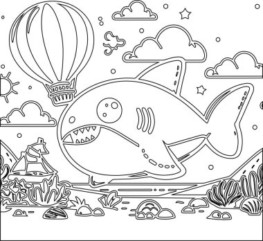 Komik köpekbalıklı çocuklar için boyama kitabı