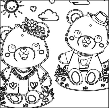 Çocuklar için boyama kitabı, çizgi film hayvanları, sevimli kedi, panda, çiçekler, kalpler, ayı, çiçekler, vektör illüstrasyonu, ana hatlar, siyah ve