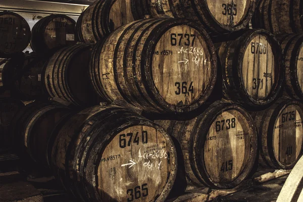 Old wood barrels with old brandy close up