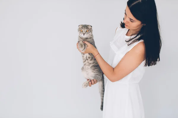 Mulher com gatinho escocês — Fotografia de Stock