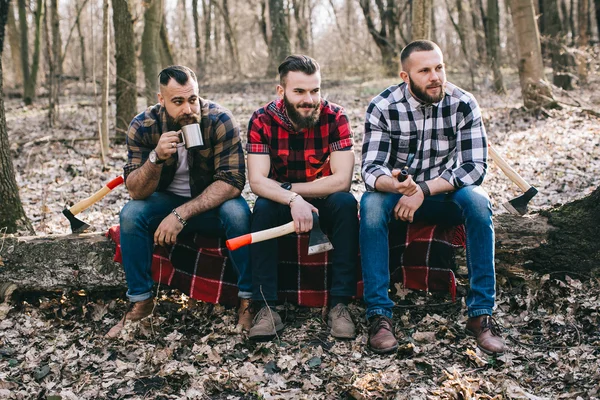 Três homens barbudos na floresta — Fotografia de Stock