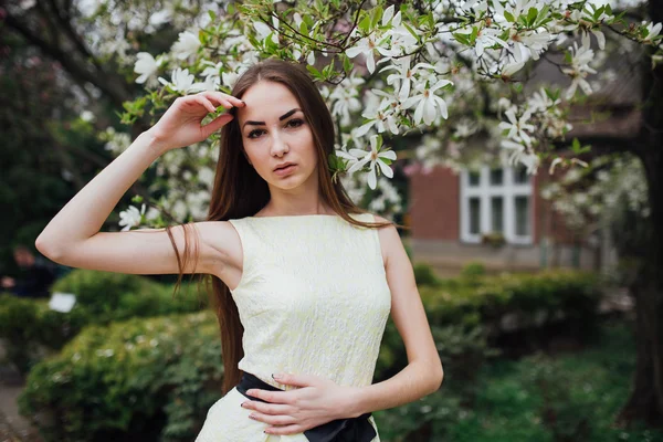 Krásná dívka v blízkosti magnolia — Stock fotografie