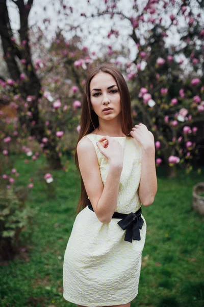 Krásná dívka v blízkosti magnolia — Stock fotografie